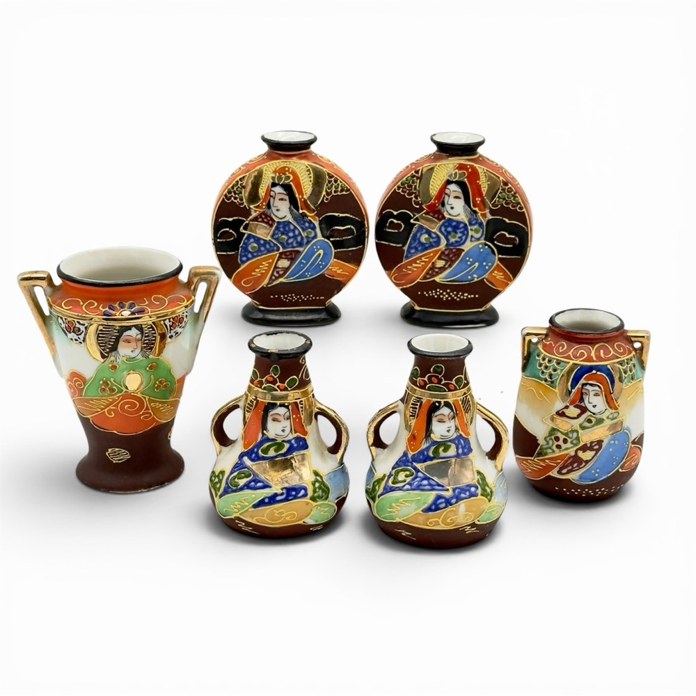 6 Vtg Japanese Satsuma Miniature Vases Lot Takito TT Mark Moriage Geisha Cabinet